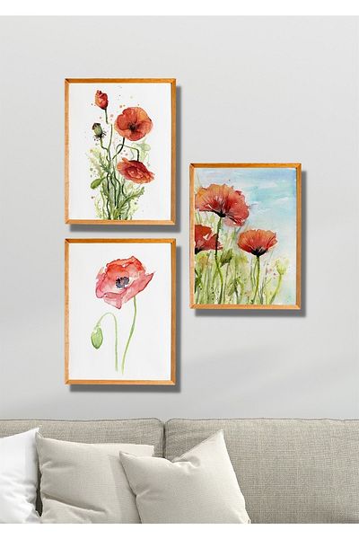 NT Handmade 3 Piese Cadru Din Lemn Aspect Decor Perete Flori Rosie - Pictura Pentru Sufragerie Bucatarie Dormitor