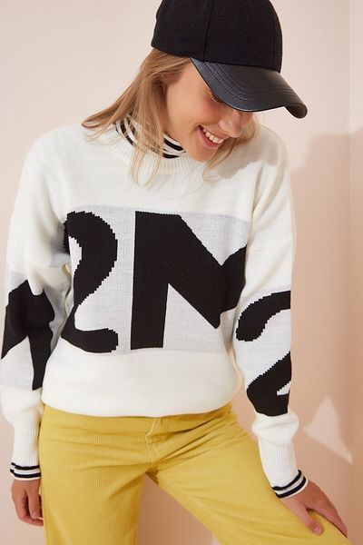 hazelin Women's Ecru Written Oversize Knitwear Sweater Hzl23w-bd1101281