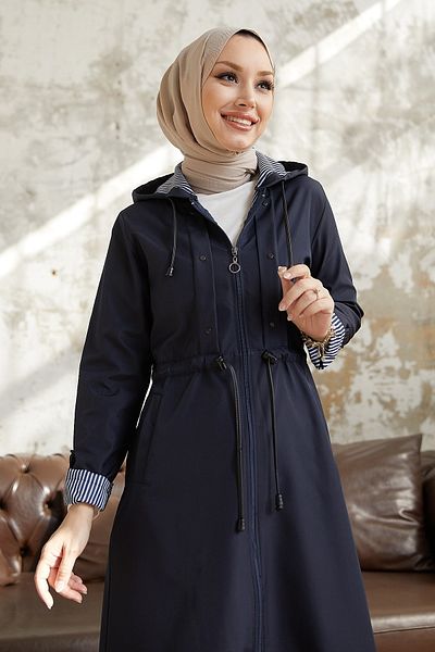 InStyle Burgundy Striped Pattern Long Trench Coat - Navy Blue