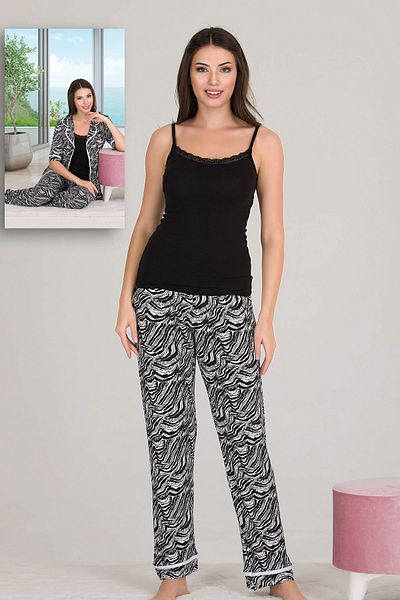 Jenny Daphne Set de pijamale din 3 piese cămașă cu mânecă scurtă din țesătură de viscoză cu model pentru damă 20009