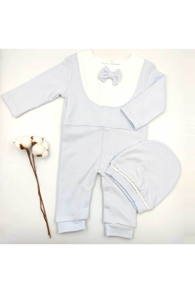 Bebek Star Şapkalı Papyonlu Mavi Uzun Kollu Erkek Bebek Tulumu %100 Cotton