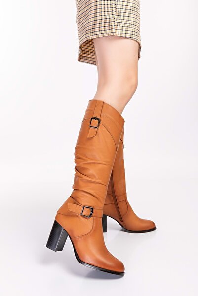 Gondol Елегантни ботуши с ток и каишка от естествена кожа Реф. 7087 - Taba - 37