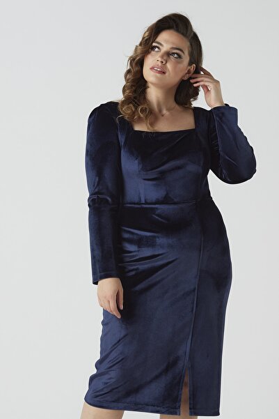 Moda Alba Синій квадратний комір, довгі рукави, оксамит, елегантне, великий розмір, коротке вечірнє плаття