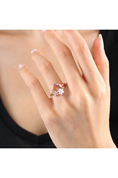 Mia Vento Bahar Bahçesi Manolya Çiçeği Rose Renk Flowers Gümüş Yüzük