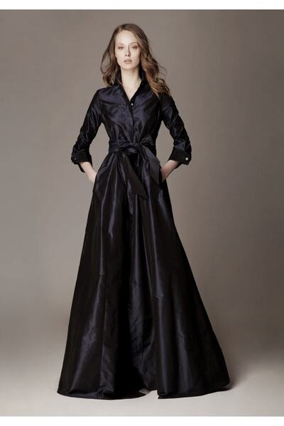 MERT ERKAN - Midnight Blue Taffeta Long Shirt Dress with Belted Tie Detail