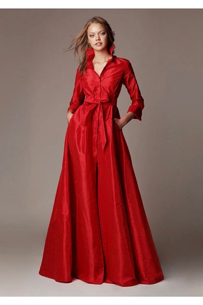 MERT ERKAN Belted Red Taffeta Long Shirt Dress
