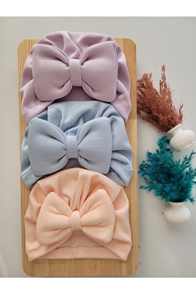 SeherBebeButik Kız Bebek & Çocuk Renkli Fiyonk Bone 3'lü Set