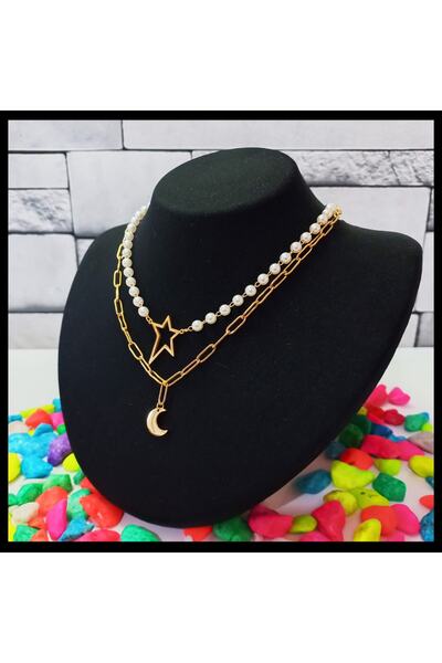 FAMİLY Ay Yıldız Temalı Incili Model Gold Renk Paslanmaz Ve Kararmaz Çelik Kolye