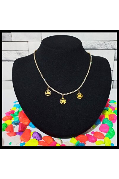 FAMİLY Üçlü Yonca Temalı Zirkon Taşlı Su Yolu Model Gold Renk Paslanmaz Ve Kararmaz Çelik Kolye