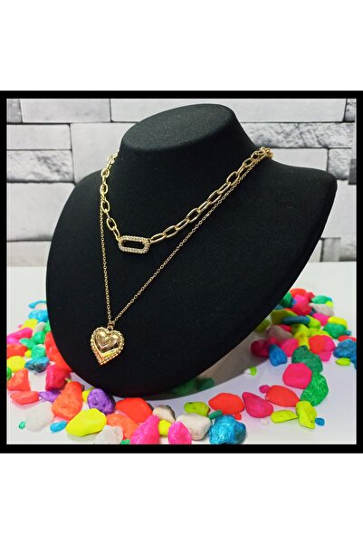 FAMİLY Kalp Temalı Zirkon Taşlı Çoklu Model Gold Renk Paslanmaz Ve Kararmaz Çelik Kolye