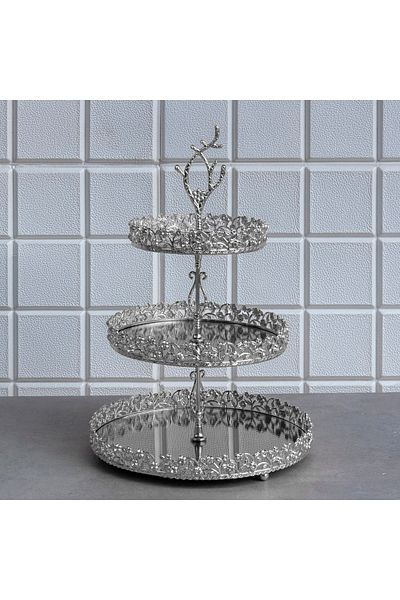 Zeyve Home Diamond 3-Tier Round Cookie Holder Mirrored Metal Presentation Bowl Treat Bowl Silver