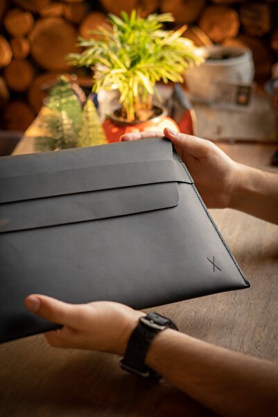 minimal X design Deri Macbook Kılıfı - Macbook Air & Pro 13 Siyah - Gerçek De...