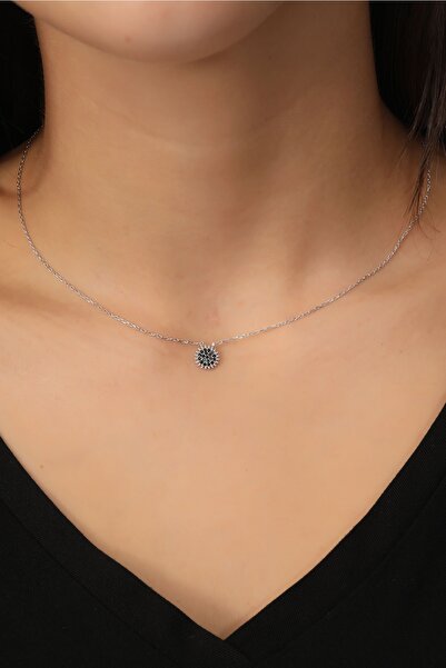 Bilsen Store 925 Ayar Gümüş Rodium Kaplama Siyah Zirkon Taşlı Güneş Kolye