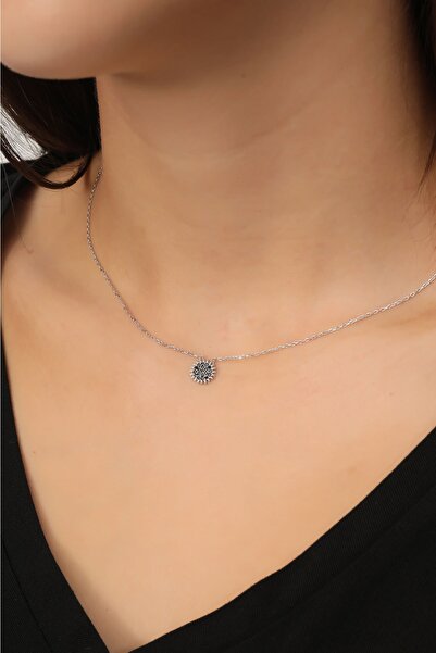 Bilsen Store 925 Ayar Gümüş Rodium Kaplama Siyah Zirkon Taşlı Güneş Kolye