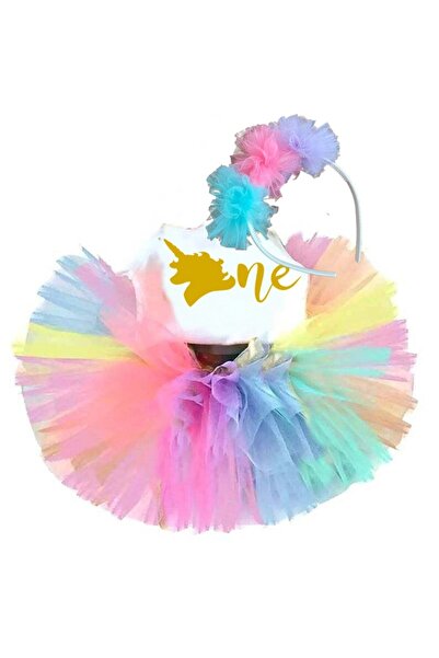 bba new trend 1 Yaş Unicorn Tütü Etek Baskılı Tişort Ve Taç Simli Baskı