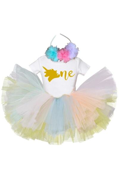 bba new trend 1 Yaş Doğum Günü Unicorn Tütü Etek,seti Baskılı Badi Set