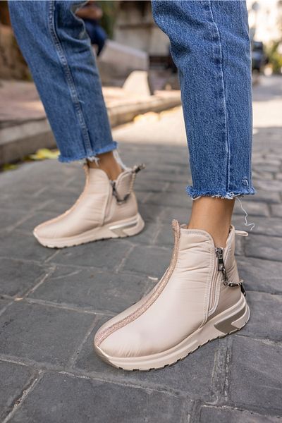 ANGELİNA JONES Barnes Women's Beige Stone Detailed Zippered Parasut Fabric Boots