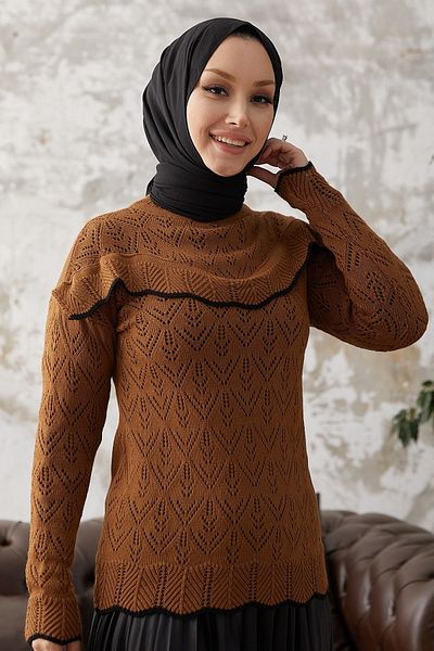 InStyle Alvi Ruffle Detailed Stripped Knitwear Svetr - Hnědý