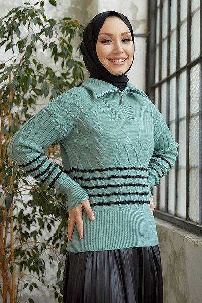 InStyle Πλεκτό πουλόβερ Sova με φερμουάρ λαιμού ριγέ - μέντα