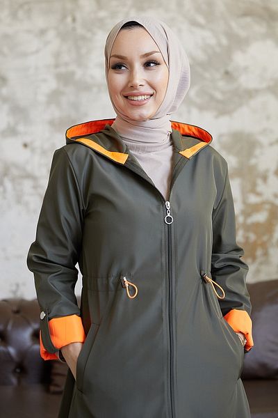 InStyle Trench cu glugă în talie cu șnur - Kaki \ Portocaliu
