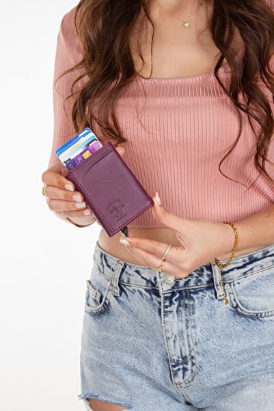 Newish Portofel de damă din piele vegană mov cu mecanism de aluminiu cu suport pentru carduri (7X10 CM)