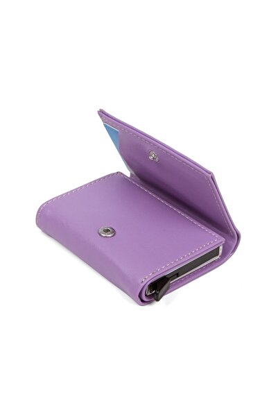 Newish Portofel de damă din piele vegană liliac cu mecanism de aluminiu cu suport pentru carduri (7X10 CM)