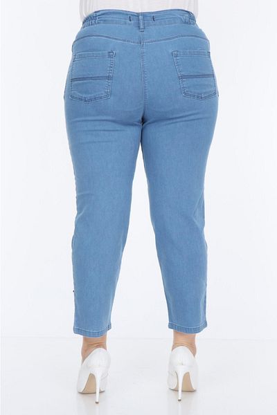 BİrHoşButik Large Size High Waist Patch Embroidered Lycra Ankle Length Zippered and Buttoned Ice Blue Denim Trousers