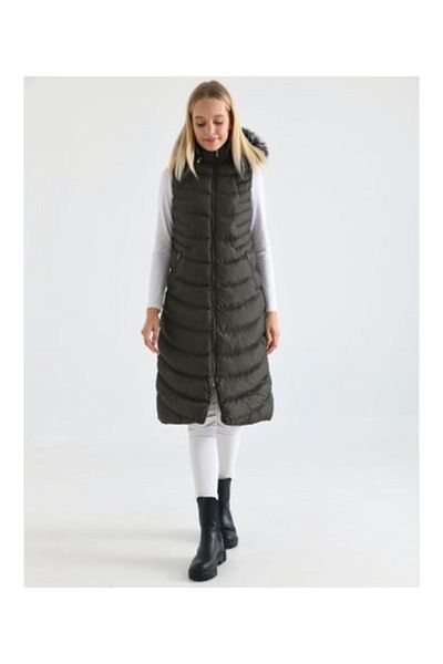 KMKkombin Women's Hat Furry Dense Fiber Filling Print Detailed Slim Fit Long Puffer Vest