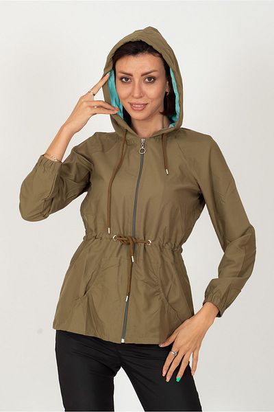 Primaro Waist Drawstring Hooded Light Khaki Windbreaker Raincoat