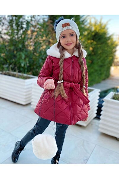 CINARIUM Girl's Plush Quilted Coat, Bag and Beret Set of 3 Red