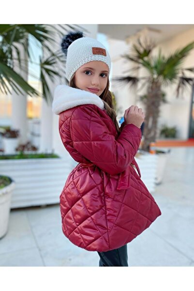 CINARIUM Girl's Plush Quilted Coat, Bag and Beret Set of 3 Red
