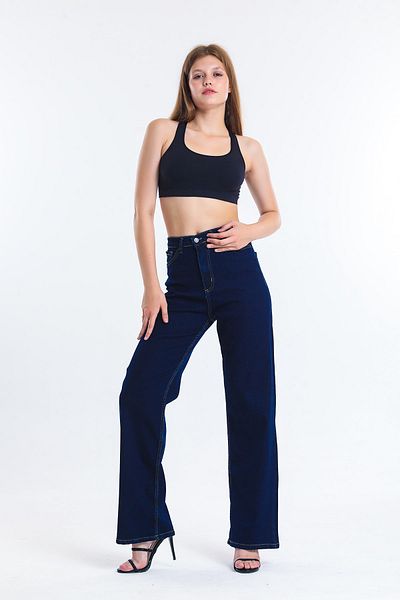 SHEVEGA Μπλε Navy ψηλόμεσο Lycra Wide Leg Boyfriend Jean Φαρδύ τζιν παντελόνι (Φαρδιά Εφαρμογή)