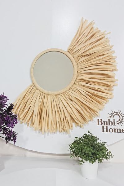 Bubihome Bohem Dekoratif Ayna Krem Rafya Ayna