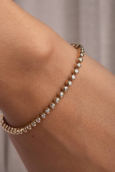 Crystal Diamond Zirconia Asansörlü Su Yolu Bileklik ( 925 Ayar Gümüştür, Üzerine Altın Kaplanır )