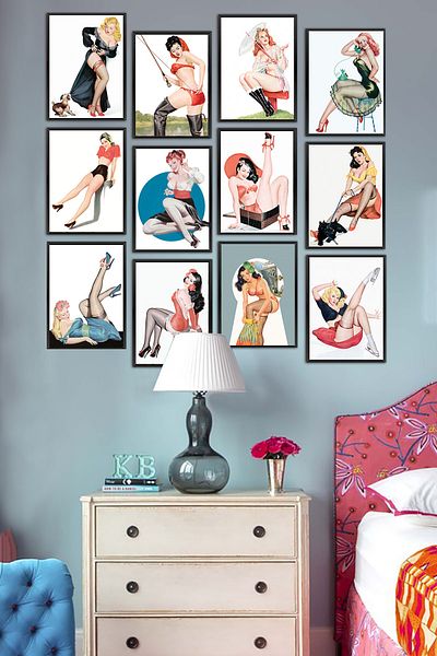 Biz Dijital Σετ ζωγραφικής/vintage Pin Up Girls Νοσταλγικές ζωγραφιές 12 τεμαχίων MDF με εμφάνιση πλαισίου