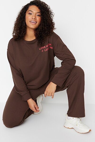 Trendyol Curve Plus Size Sweatsuit Set - Brown - Regular