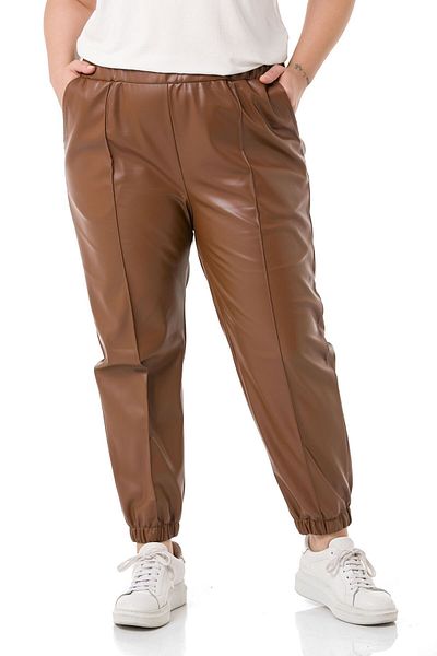 DISENTIS MODEST Brown Leather Large Size Elastic Waist and Leg Trousers with Pockets