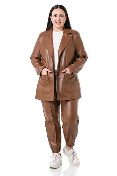 DISENTIS MODEST Brown Leather Large Size Elastic Waist and Leg Trousers with Pockets
