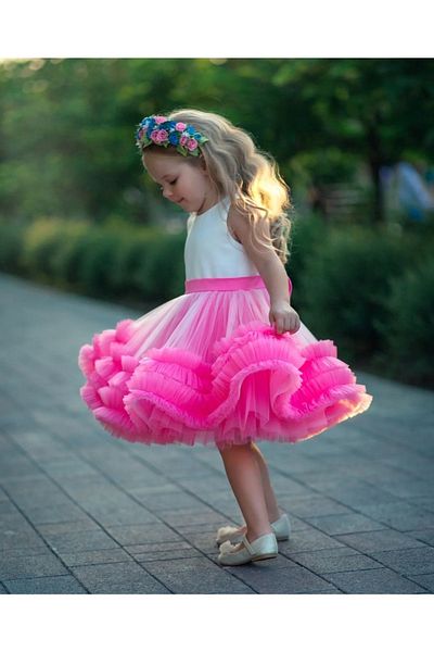 Mislina Girl's Top White Zero Sleeve Skirt Tulle Prongs Ruffle Design Dress