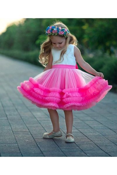 Mislina Girl's Top White Zero Sleeve Skirt Tulle Prongs Ruffle Design Dress