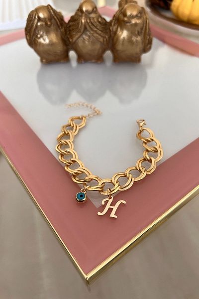 Trendy Butik حرف H مع سوار سلسلة مزدوجة معلقة على شكل عين الشر