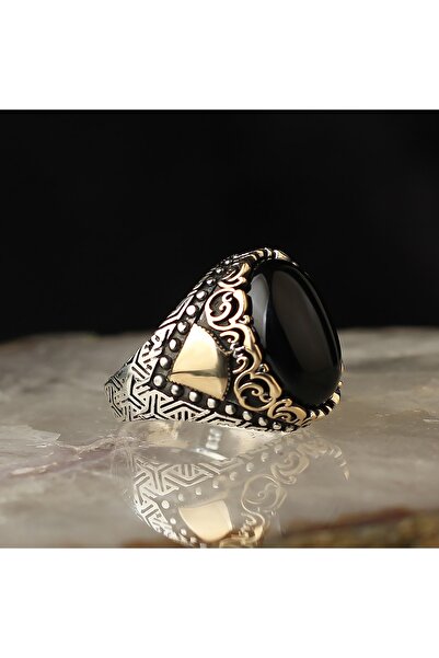 RevSilver Oval Siyah Oniks Taşı 925 Ayar Gümüş Yüzük Hediyelik Takı Betmen De...