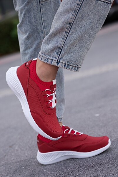 BOUIS Women's Red White Elastic Mesh Comfort Sole Sneaker Faux Leather Sock Model Sports Shoes