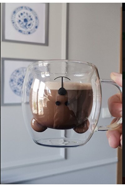 By Tüfekçi Double Walled and Handled Glass Cup - Fun Cup with Teddy Bear Design