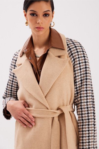 Sateen Houndstooth Belted Coat - Beige