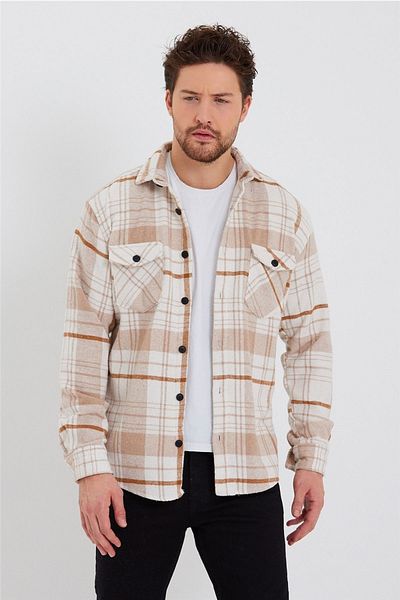 Tarz Cool Cămașă lumberjack pentru bărbați, alb-ofertă-portocaliu, cu clapetă cu buzunare dublu, slim fit-odg001r9500s