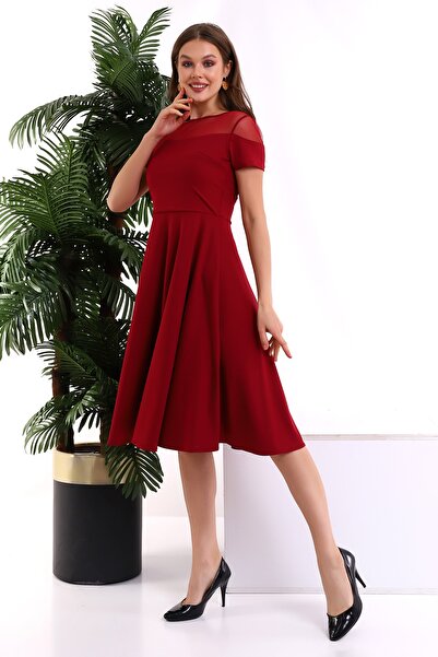 Fasmia Bordo Omuzu Açık Yaka Elbise F127