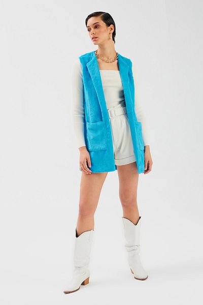 Sateen Pocket Detailed Plush Vest - Blue