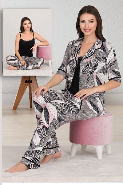 Jenny Daphne Patterned Viscose Fabric 3-Piece Pajama Set with Short Sleeve Shirt and Straps 20017