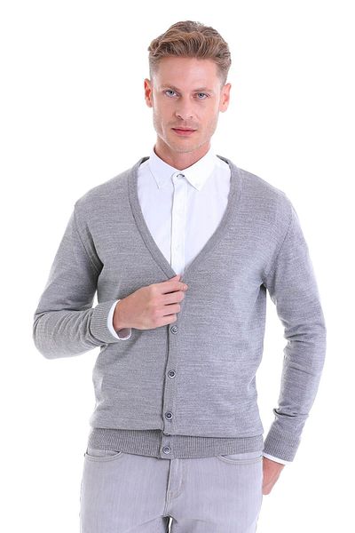 Hatemoğlu Γκρι Comfort Fit Απλό μάλλινο πλεκτό ζακέτα με λαιμόκοψη